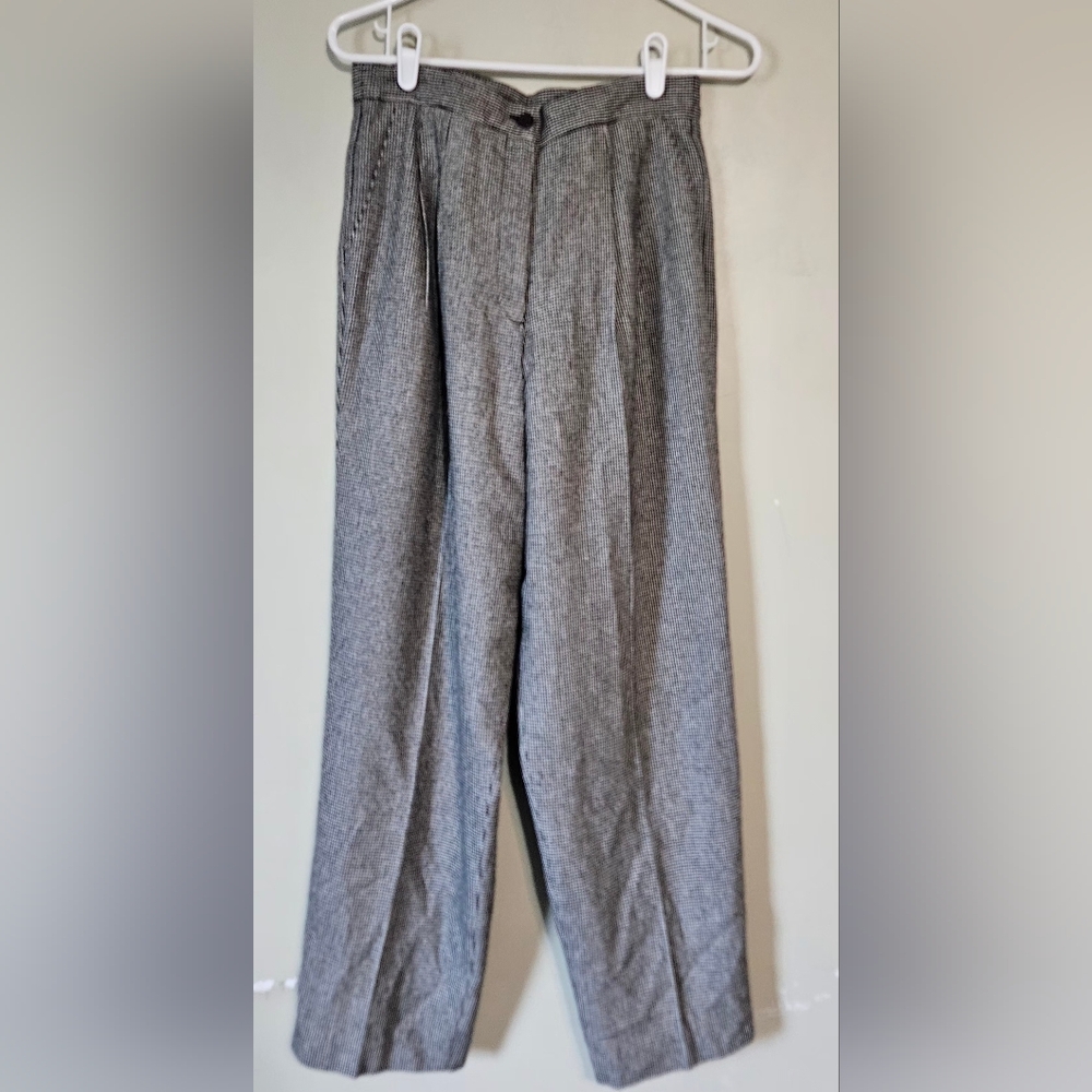 Joan Leslie Vintage Wool Blend Houndstooth Pleated Trousers Black White 12P 7726